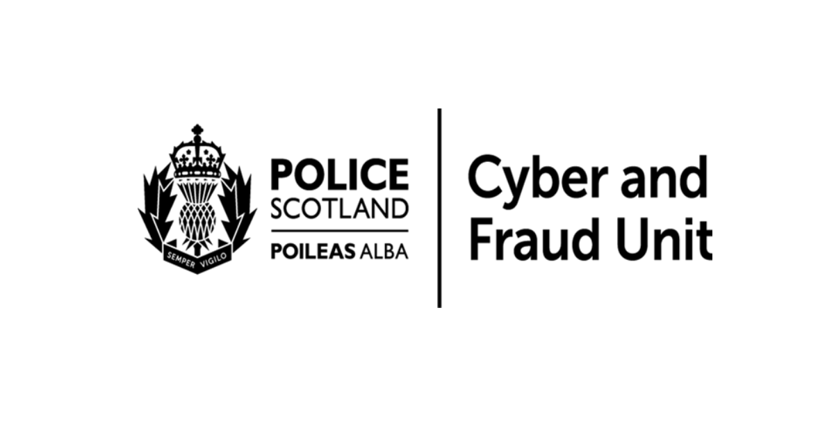 The image shows the logo for Police Scotland and the text 'Cyber and Fraud Unit'