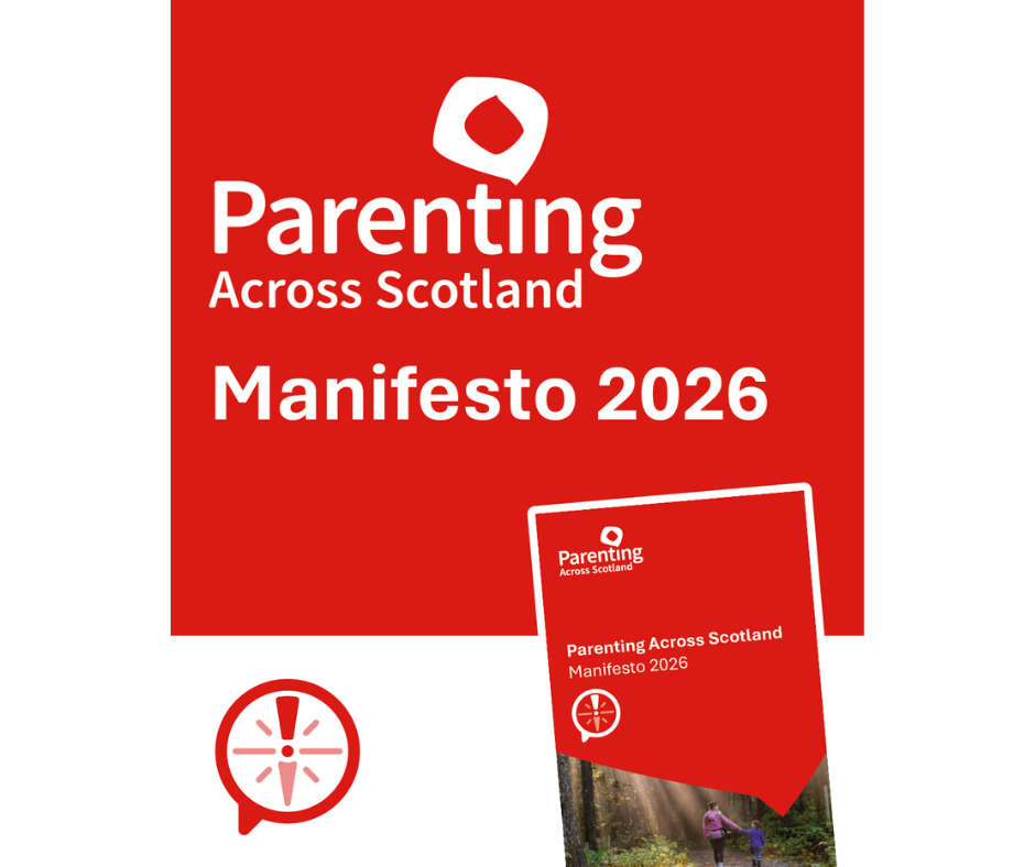 The image shows Parenting Across Scotland's logo alongside the text 'Manifesto 2026' and a small image of the manifesto document in the bottom right corner. There is a compass at the bottom left corner.